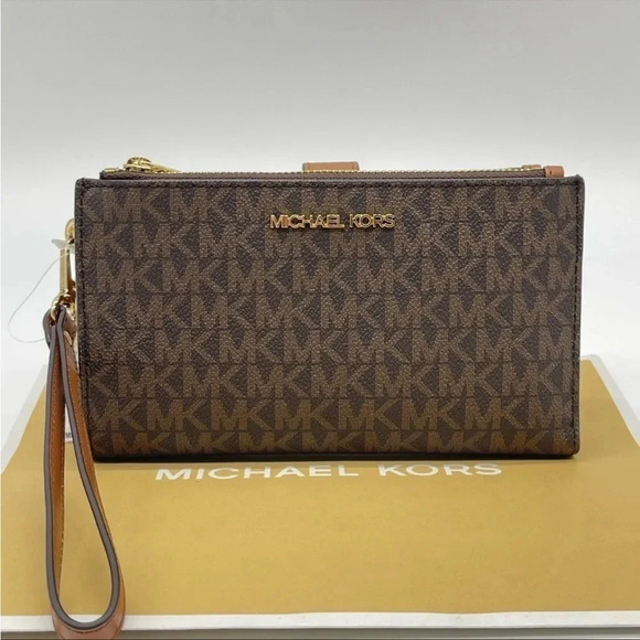 Michael Kors Large Double Zip Wallet Wristlet Leather Rich Brown - Picture 1 of 11
